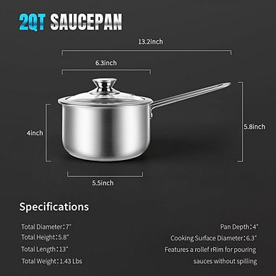 Tri-Ply Stainless Steel Saucepan with Glass Lid, Oven & Dishwasher Safe