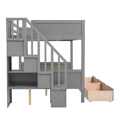 Pnronnc Storage Frame Bunk Bed Twin over Full Platform Bed with Shelfs, Storage Staircase & Drawers