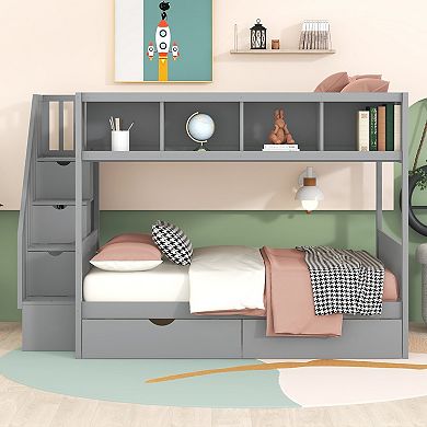 Pnronnc Storage Frame Bunk Bed Twin over Full Platform Bed with Shelfs, Storage Staircase & Drawers
