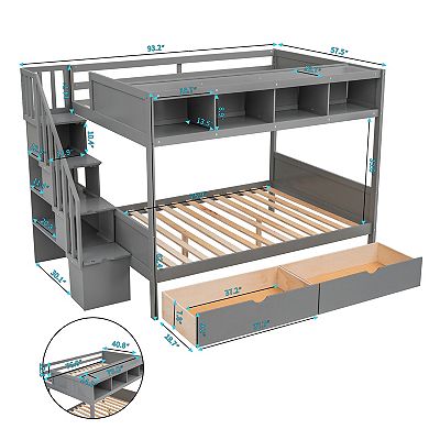 Pnronnc Storage Frame Bunk Bed Twin over Full Platform Bed with Shelfs, Storage Staircase & Drawers