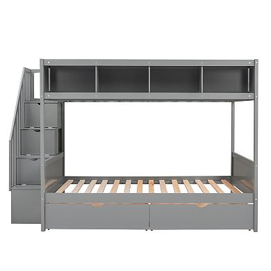 Pnronnc Storage Frame Bunk Bed Twin over Full Platform Bed with Shelfs, Storage Staircase & Drawers
