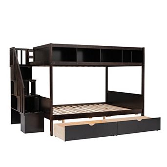 Pnronnc Storage Frame Bunk Bed Twin over Full Platform Bed with Shelfs, Storage Staircase & Drawers