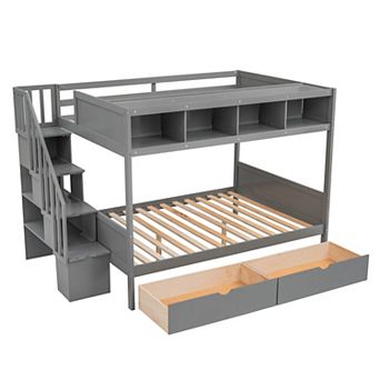 Pnronnc Storage Frame Bunk Bed Twin over Full Platform Bed with Shelfs, Storage Staircase & Drawers