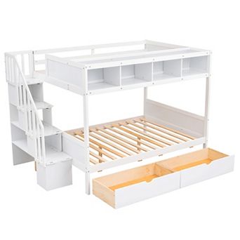 Pnronnc Storage Frame Bunk Bed Twin over Full Platform Bed with Shelfs, Storage Staircase & Drawers