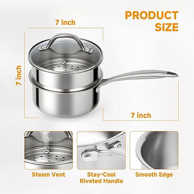 Tri-Ply Stainless Steel Saucepan with Lid & Steamer, Induction Compatible
