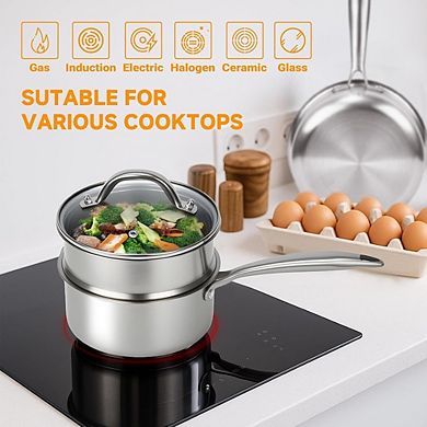 Tri-Ply Stainless Steel Saucepan with Lid & Steamer, Induction Compatible