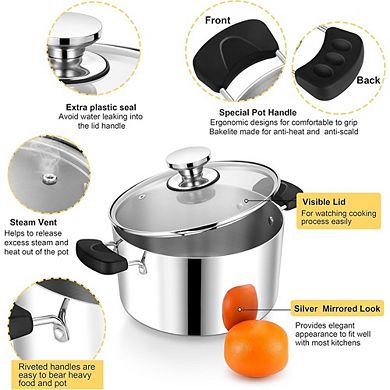 Stainless Steel Stock Pot with Lid, Multi-Stove, Heavy Duty, Dishwasher Safe