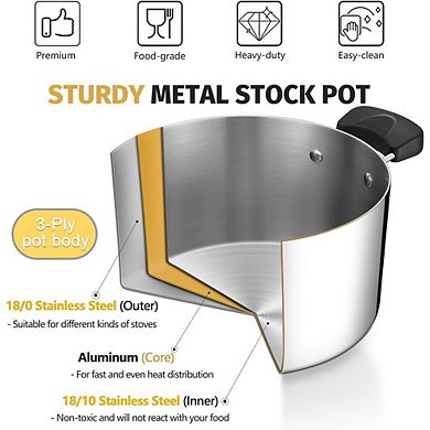 Stainless Steel Stock Pot with Lid, Multi-Stove, Heavy Duty, Dishwasher Safe