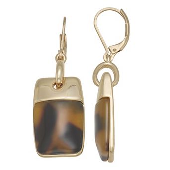 Nine West Gold Tone Tortoise Dogtag Drop Leverback Earrings