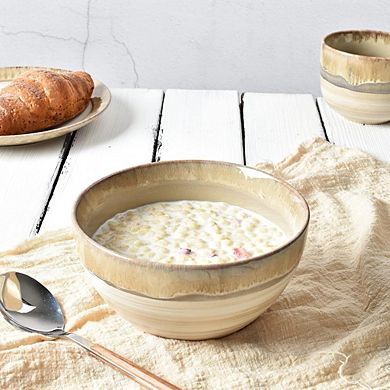 Stoneware Soup & Cereal Bowls Set, 26oz, Microwave & Dishwasher Safe, Brown Grey