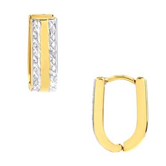 Color Romance 10k Gold Two Tone Polished & Diamond Cut Oval Huggie Hoop Earrings