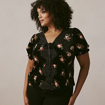 Plus Size LC Lauren Conrad Lace Trim Puff Sleeve Floral Top