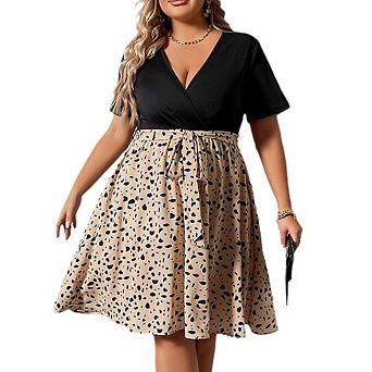 Women's Plus Size Summer Casual Mini Dress Wrap V Neck Patchwork Short Sleeve A Line Dress with Belt