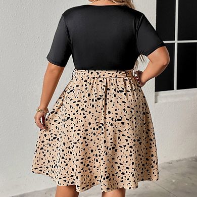 Women's Plus Size Summer Casual Mini Dress Wrap V Neck Patchwork Short Sleeve A Line Dress with Belt