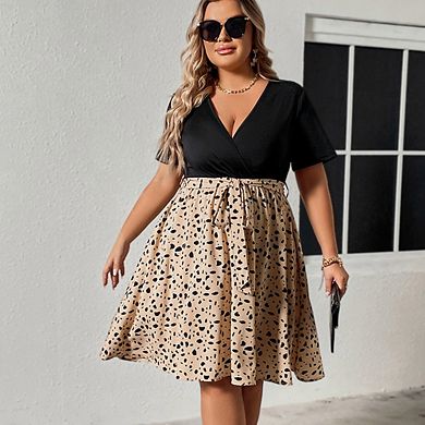 Women's Plus Size Summer Casual Mini Dress Wrap V Neck Patchwork Short Sleeve A Line Dress with Belt