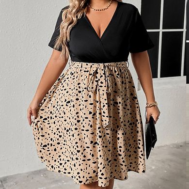 Women's Plus Size Summer Casual Mini Dress Wrap V Neck Patchwork Short Sleeve A Line Dress with Belt