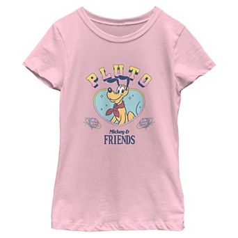 Girls 6-16 Disney’s Mickey Mouse & Friends Pluto Heart Shape Collegiate Graphic Tee
