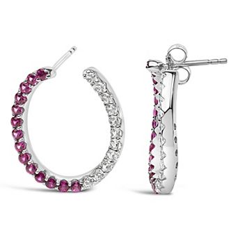 Haus of Brilliance Sterling Silver Lab-Created Ruby & Lab-Created White Sapphire Hoop Earrings