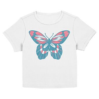 Juniors' Red, White & Blue Butterfly Graphic Baby Tee