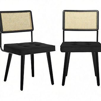Set of 2 Rattan Dining Chairs with Natural Handwoven Rattan Cane Back and Fabric Seat,Sturdy Legs
