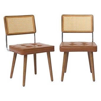 Set of 2 Rattan Dining Chairs with Natural Handwoven Rattan Cane Back and Fabric Seat,Sturdy Legs