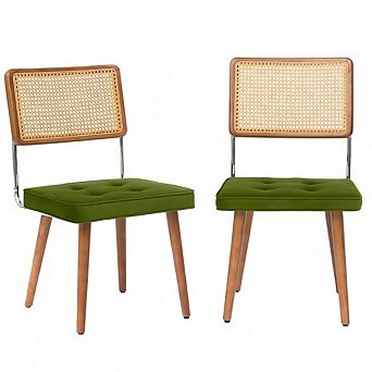 Set of 2 Rattan Dining Chairs with Natural Handwoven Rattan Cane Back and Fabric Seat,Sturdy Legs