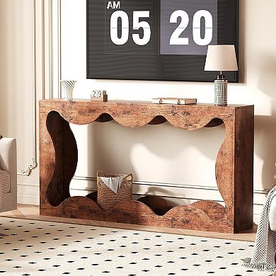 63 Inch Farmhouse Scalloped Console Table for Entryway, Narrow Wood Sofa Table Behind Couch