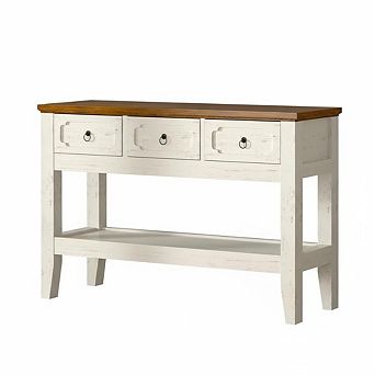 47" Console Table with Drawers, Farmhouse Rustic Entryway Table with Bottom Shelf and Solid Wood Leg