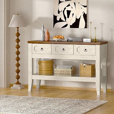 47" Console Table with Drawers, Farmhouse Rustic Entryway Table with Bottom Shelf and Solid Wood Leg