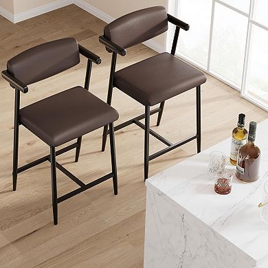 Bar Stools Set of 2, 26.5 in Upholstered Counter Height Bar Stools for 2 with Armrest
