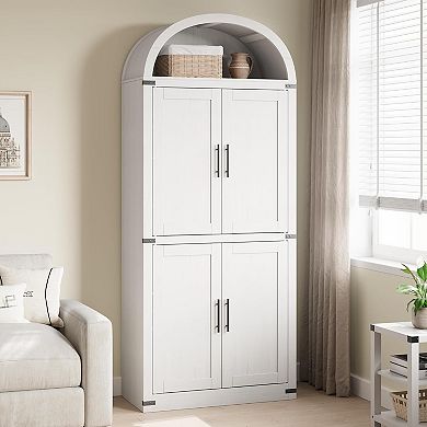 Modern Farmhouse Wood Bookcase, Arched Bookshelf Cabinet with 4 Doors & Open Shelf