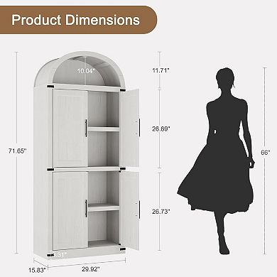 Modern Farmhouse Wood Bookcase, Arched Bookshelf Cabinet with 4 Doors & Open Shelf