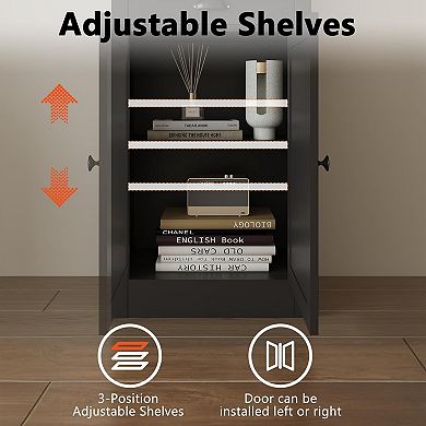 Narrow Bookcase with Door, 3-Tiers Open Bookshelf with 1 Pull-Out Drawer, Single-Door Cabinet