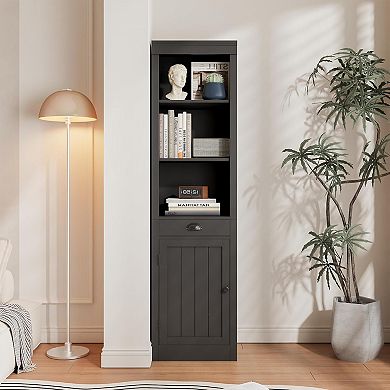 Narrow Bookcase with Door, 3-Tiers Open Bookshelf with 1 Pull-Out Drawer, Single-Door Cabinet