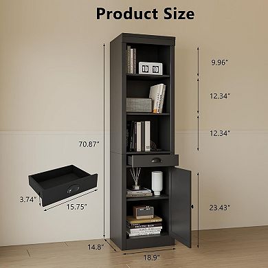 Narrow Bookcase with Door, 3-Tiers Open Bookshelf with 1 Pull-Out Drawer, Single-Door Cabinet
