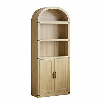 Arched Bookcase, Farmhouse Wooden Bookshelf with Metal Corner Protection
