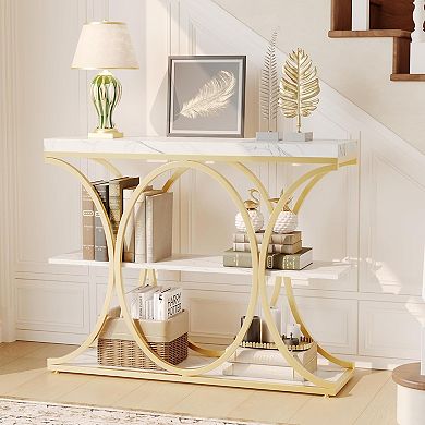 Narrow Console Tables for Entryway, Industrial 3-Tier Sofa Table with Round Metal Base