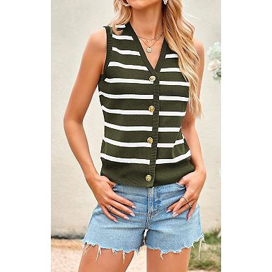 Women's Striped Sleeveless Vest Tops Button Up Casual Sweater Vest Summer Jacket