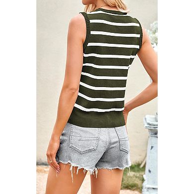 Women's Striped Sleeveless Vest Tops Button Up Casual Sweater Vest Summer Jacket