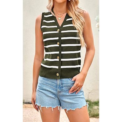 Women's Striped Sleeveless Vest Tops Button Up Casual Sweater Vest Summer Jacket