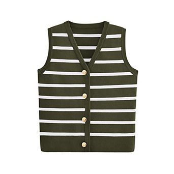 Women's Striped Sleeveless Vest Tops Button Up Casual Sweater Vest Summer Jacket