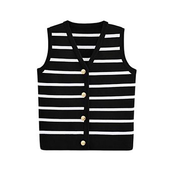 Women's Striped Sleeveless Vest Tops Button Up Casual Sweater Vest Summer Jacket