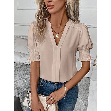 Women's Summer Casual V Neck Short Sleeve Tops Solid Color Flowy Trendy Tunic Blouses