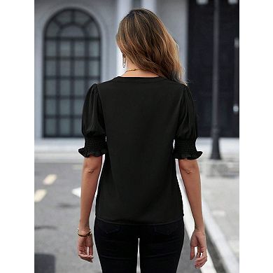 Women's Summer Casual V Neck Short Sleeve Tops Solid Color Flowy Trendy Tunic Blouses