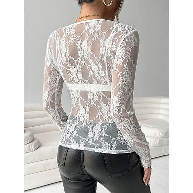 Women's Single Layer Lace Slim Fit Round Neck Long Sleeve Blouse T-Shirts