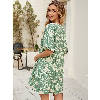 Women's Printed V Neck Loose Fit Short Sleeve Midi Dress