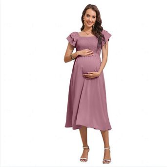Women’s Maternity Square Neck Flutter Short Sleeve A Line Smocked Waist Casual Midi Dress