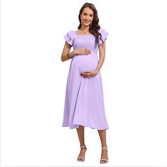 Women’s Maternity Square Neck Flutter Short Sleeve A Line Smocked Waist Casual Midi Dress