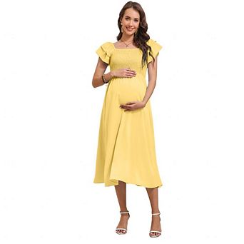 Women’s Maternity Square Neck Flutter Short Sleeve A Line Smocked Waist Casual Midi Dress