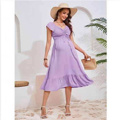 Women’s Maternity V Neck Drawstring Ruched Waist A Line Ruffle Hem Casual Midi Dress